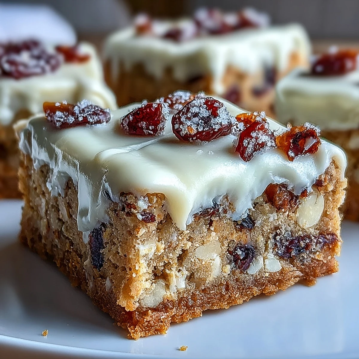 Close-up of Cranberry Bliss Bars showing buttery crumb, cream cheese frosting, and white chocolate drizzle.