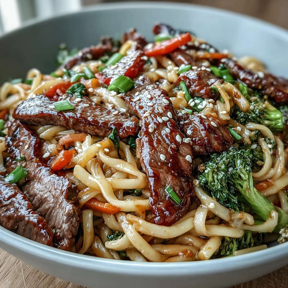 Glossy soy-brown sugar sauce coats silky rice noodles, tender flank steak, and crisp vegetables in a steaming Korean Beef Noodles bowl.