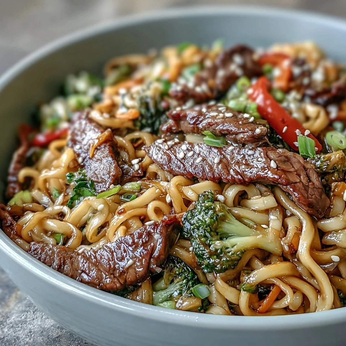 A hearty skillet of Korean Beef Noodles features juicy steak strips, julienned carrots, and glossy noodles tossed for a family dinner.