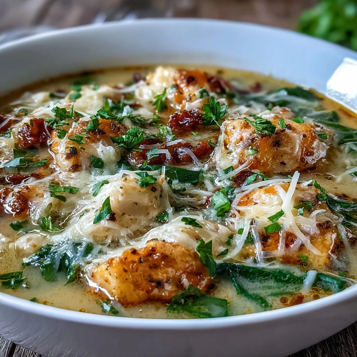 Creamy Garlic Parmesan Chicken Soup in a rustic bowl, garnished with fresh parsley and extra cheese, with a spoon dipping in.
