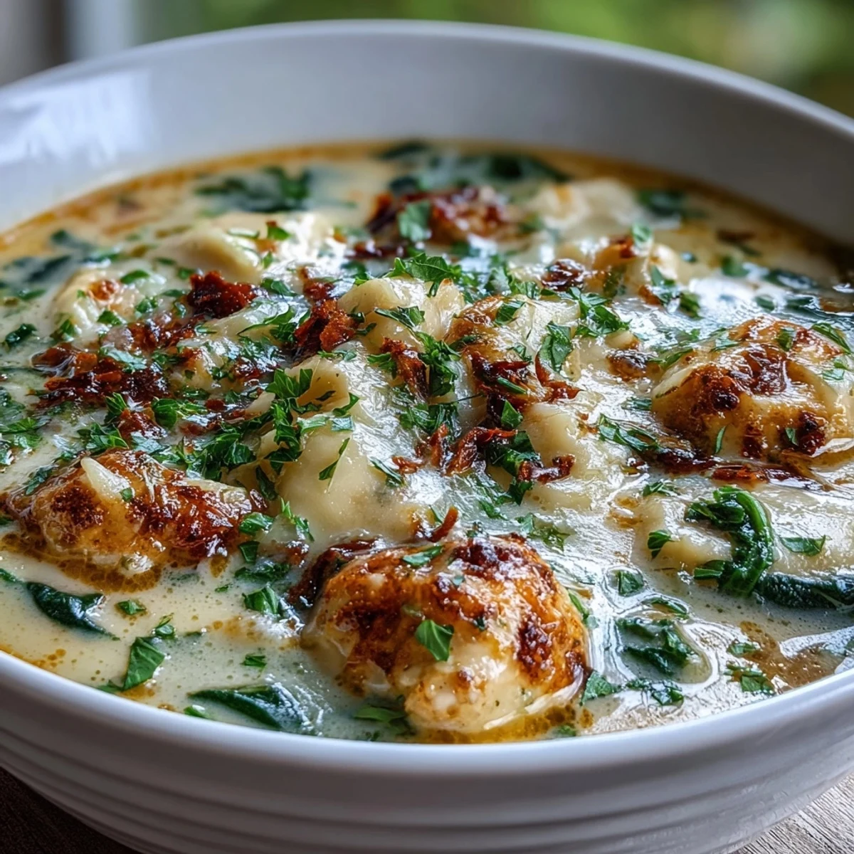Velvety Garlic Parmesan Chicken Soup served hot, featuring tender chicken pieces and wilted spinach, topped with grated Parmesan and herbs.