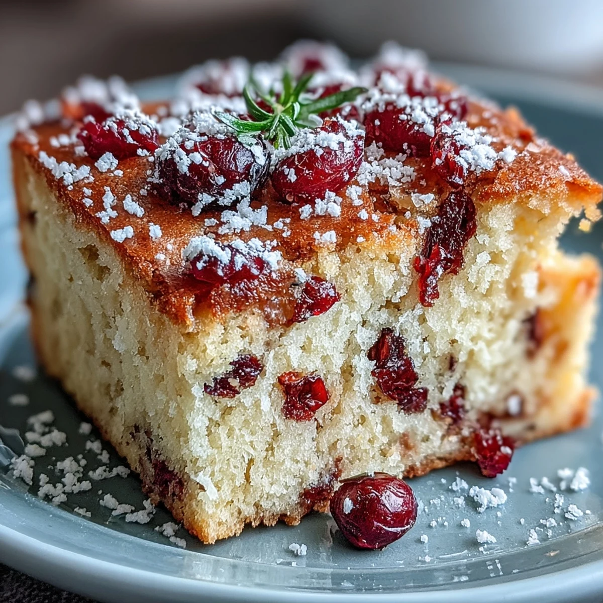 Overhead view of Cranberry Orange Breakfast Cake in a round pan, filled with chopped cranberries and specks of orange zest.
