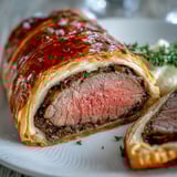 Sliced Beef Wellington shows juicy pink center, mushroom duxelles, and crispy pastry on a white plate.