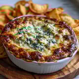 Creamy Spinach Artichoke Dip topped with golden cheese crust, accompanied by fresh vegetable sticks on a rustic wooden serving board.