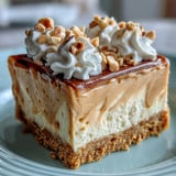 Nutter Butter cheesecake slice reveals creamy peanut butter swirls on a cookie crust.