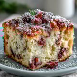 Warm slice of Cranberry Orange Breakfast Cake served on a plate, showcasing moist texture with bright orange zest and cranberries.