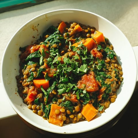 Steaming Lentil and Spinach Curry, a colorful one-pot meal bursting with earthy spices and fresh spinach.