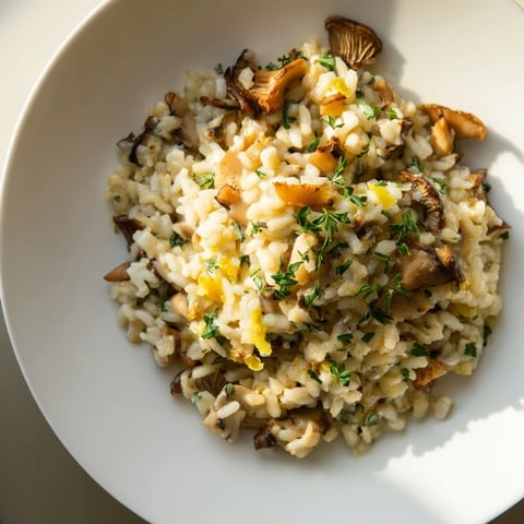 A close-up of creamy Cedar-Warm Mushroom and Thyme Risotto, garnished with fresh thyme sprigs.