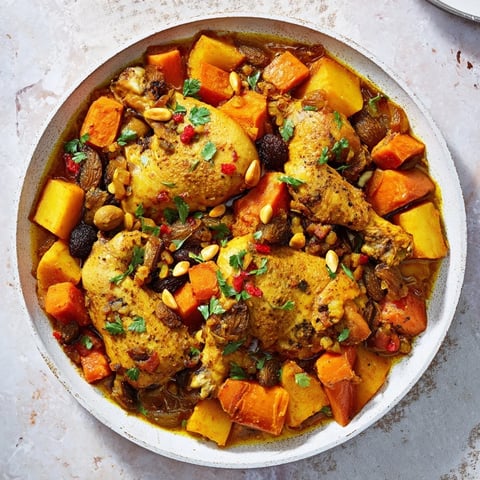 Soft slow-cooker Chicken and Sweet Potato Tagine, a warm, fragrant stew, garnished with fresh cilantro.