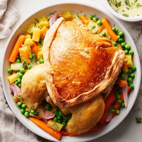 Golden, flaky crust of Laurel & Herb Chicken Pot Pie, bubbling with a savory, herb-infused filling.