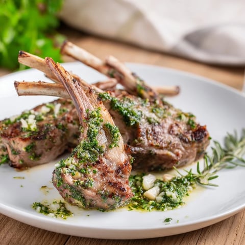 Delicious seared Rustic Mint Weeknight Pan-Seared Lamb Chops, beautifully presented with a vibrant mint sauce drizzle.
