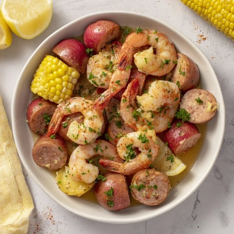 Steaming one-pot Seaside-Inspired Shrimp Boil, vibrant shrimp and corn with sausage, ready to serve.