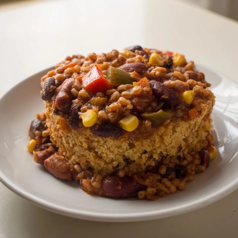 Steaming bowl of Rustic Wheat-Warm Chili with a golden cornbread topping, perfect for chilly evenings.