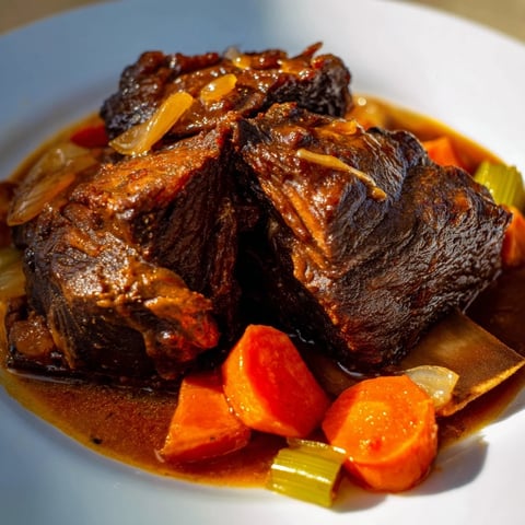 One-Pot Amber-Glowed Beer-Braised Short Ribs, tender and glistening, in a savory, aromatic sauce with root vegetables.