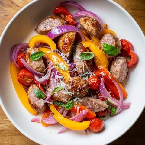 Sizzling Basil-Boosted Sausage and Pepper Skillet Supper, with sausage and colorful peppers, ready to serve.