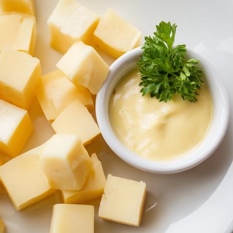 Gouda cheese cubes glistening beside a bowl of homemade mustard dip, perfect for a cheese platter.