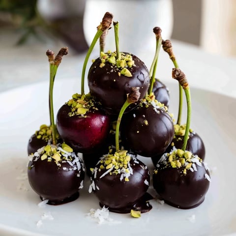 Chocolate-covered cherry dessert bites in a pyramid, a stunning gourmet dessert presentation, ready to serve.