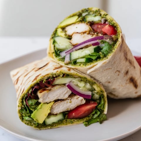A vibrant Chimichurri Chicken Salad Wrap filled with sliced grilled chicken, crisp greens, and fresh tomatoes.