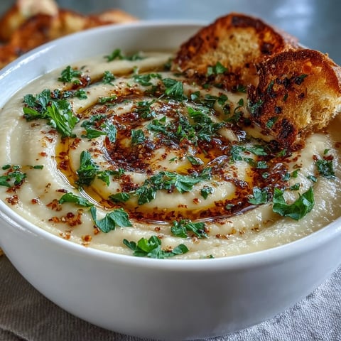 A warm bowl of Roasted Garlic Soup garnished with fresh parsley and served beside toasted gluten-free bread.