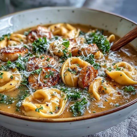 A steaming bowl of Pumpkin Tortellini Soup with Chicken Sausage and Kale garnished with fresh parsley.