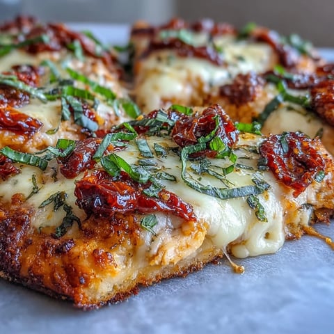 Golden, bubbly Marry Me Chicken Pizza with creamy chicken, sun-dried tomatoes, and fresh basil on a crispy crust.