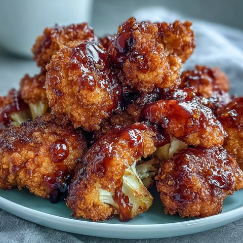 Golden-brown Crunchy Baked Hot Honey Cauliflower bites glisten with spicy glaze on a serving plate.