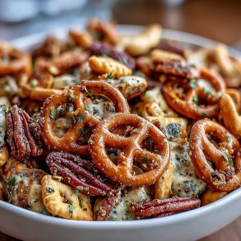 Golden-brown Everything Ranch Cheese and Pretzel Snack Mix glistens with buttery seasoning on a parchment-lined baking sheet, ready for a party.