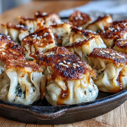 Golden-bottomed Smash Dumplings sizzle in a skillet, ready for a spicy soy dipping sauce.