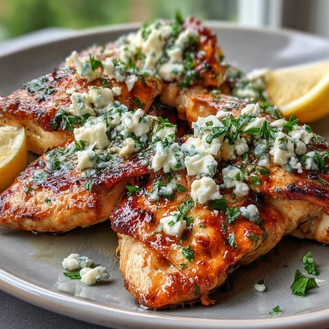Juicy Greek Chicken with Lemon and Feta served on a white plate, garnished with fresh parsley and bright lemon wedges.