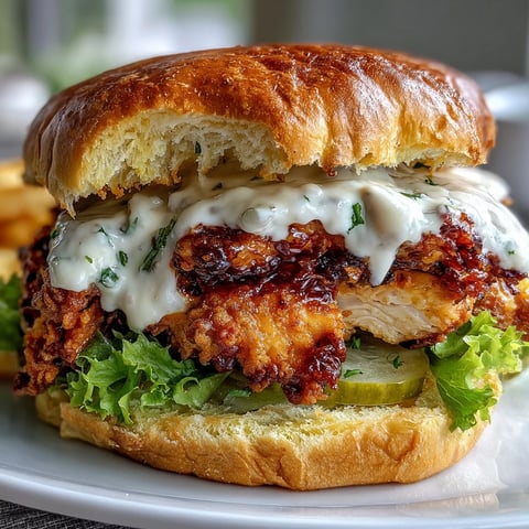 Crispy golden fried chicken on a toasted brioche bun with creamy homemade sauce, lettuce, and pickles.
