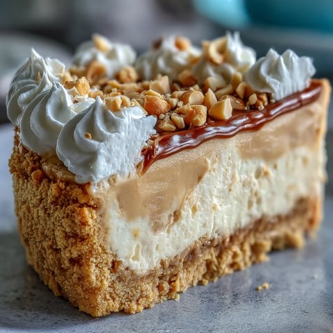 A close-up of Nutter Butter cheesecake with whipped cream and chopped peanut garnish.