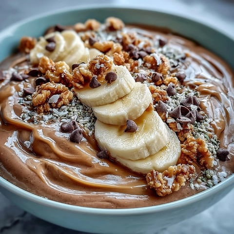 Two vibrant bowls of Chunky Monkey Smoothie Bowls, topped with sliced bananas, granola, and cacao nibs on a marble surface.