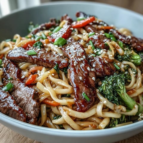 Glossy soy-brown sugar sauce coats silky rice noodles, tender flank steak, and crisp vegetables in a steaming Korean Beef Noodles bowl.