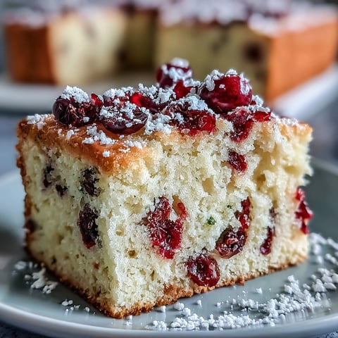 Freshly baked Cranberry Orange Breakfast Cake with a tender crumb, vibrant orange zest, and tart cranberry pieces, dusted with powdered sugar.