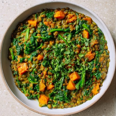 A close-up of a flavorful Lentil and Spinach Curry, served in a bowl, garnished with cilantro.