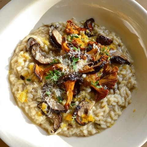Earthy and aromatic, this Cedar-Warm Mushroom and Thyme Risotto presents a beautifully plated warm meal.