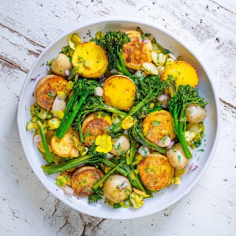 A vibrant light herb and fern-inspired vegetable platter, showcasing tender, golden roasted seasonal veggies.