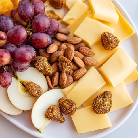 A lavish The Gilded Acorn appetizer showcases vibrant fruits, nuts, and artfully cut cheese.