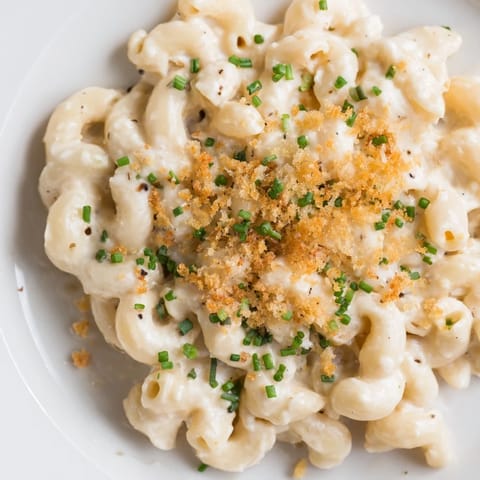 Cheesy cottage cheese mac and cheese: a delightful vegetarian comfort food, baked until golden brown.