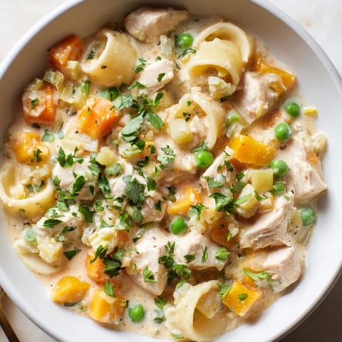 Savory Chicken Pot Pie Pasta Soup: Steaming hot, this pasta soup is filled with tender chicken and veggies.