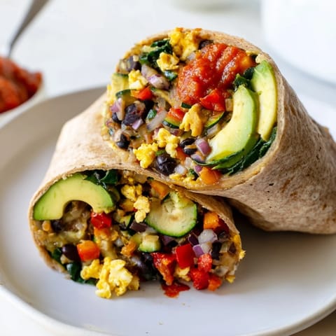 Warm, flavorful ingredients spilling from a fully packed veggie-loaded breakfast burrito with avocado slices.