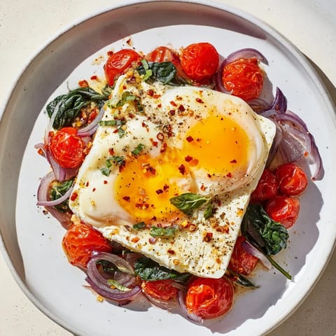 A close-up of bubbly Baked Feta Eggs with runny yolks, perfect for dipping crusty bread in.