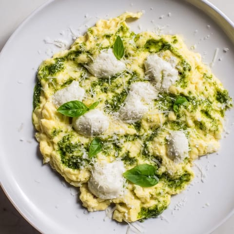 Warm, creamy Pesto Cottage Cheese Eggs, a simple, protein-rich scrambled egg variation for brunch.