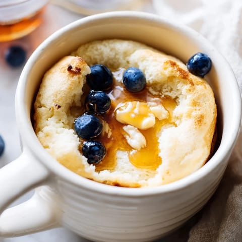 A quick and easy microwave mug pancake recipe, with melted butter and vanilla aroma.