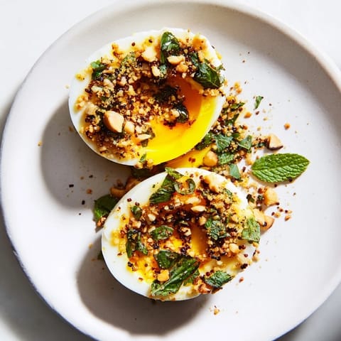 These flavorful Dukkah-Spiced Eggs showcase jammy yolks, crunchy dukkah, and fresh herbs, ready to enjoy.