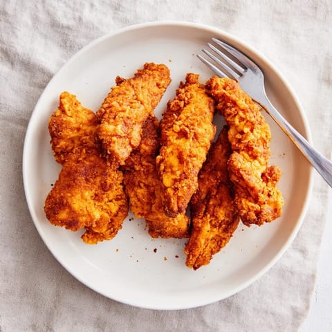 Tender, juicy chicken strips are coated in seasoned flour and deep-fried until perfectly crisp, served hot with fries.