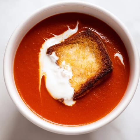 A close-up of rich roasted tomato soup with crispy grilled cheese croutons melting over the velvety, vibrant red broth.