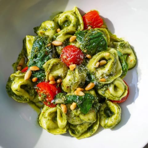 This Pesto Tortellini Salad is served in a white bowl, garnished with toasted pine nuts and a light drizzle of extra virgin olive oil.
