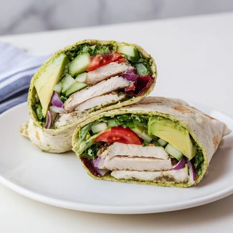 The grilled chicken and green herb sauce in this Chimichurri Chicken Salad Wrap look colorful and appetizing.