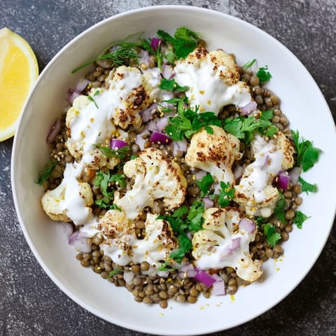 Vibrant vegetarian dish featuring caramelized cauliflower, bright lentil salad, and smooth tahini yogurt sauce, served warm for a healthy Middle Eastern-inspired meal.